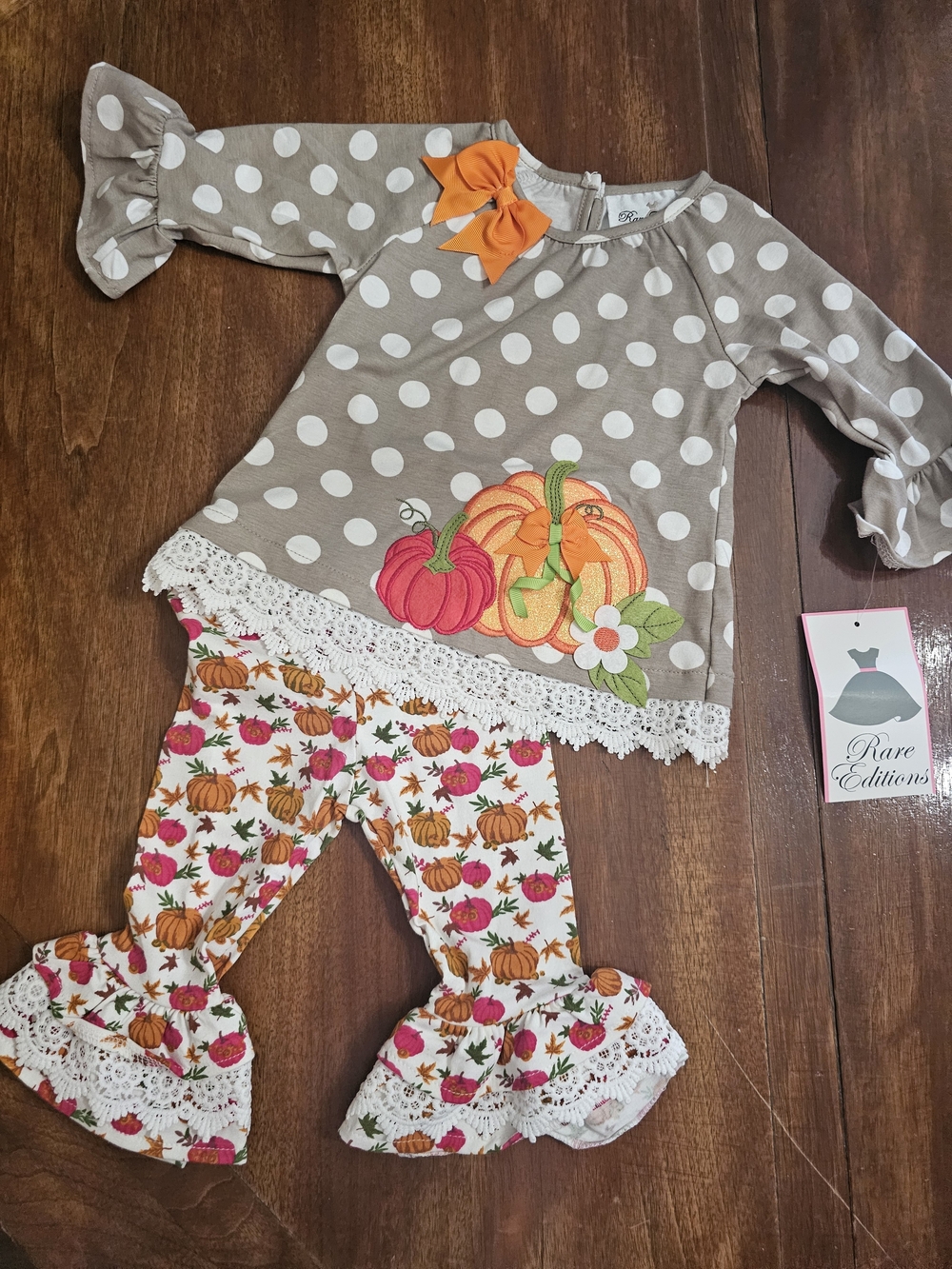 Rare Editions Polka Dot Pumpkin Appliqué Fall Thanksgiving Set